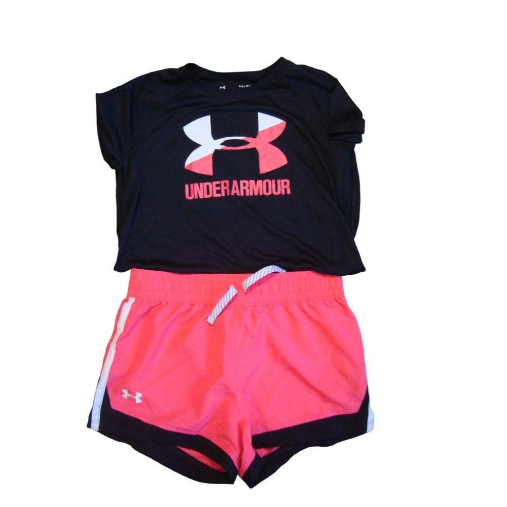 Girls Under Armour Hot Pink Black Matching Set Size Youth Large - Picture 1 of 6